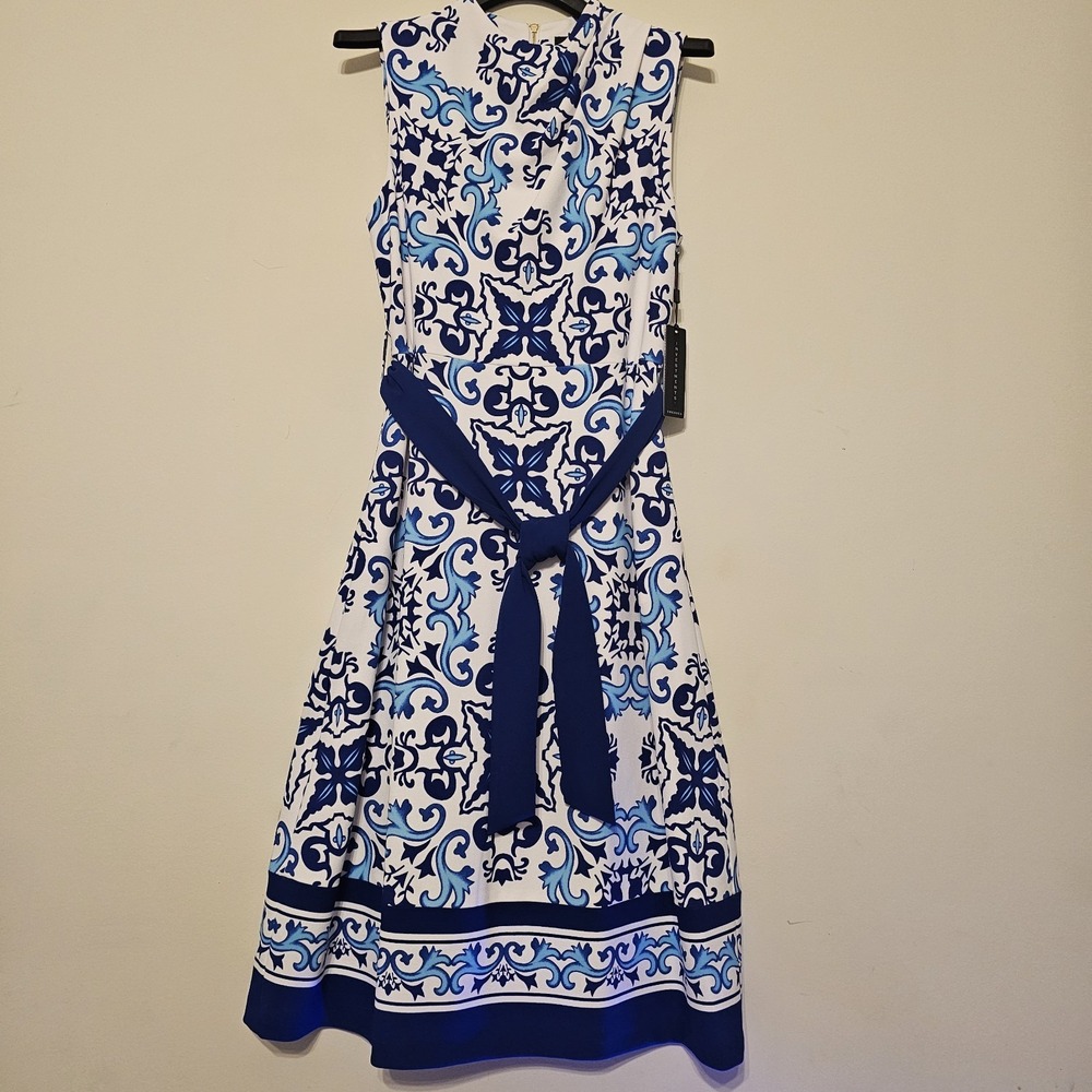 Investments Womens Dress Size 6 Fits‎ Small Blue White Belted Fit And Flare New